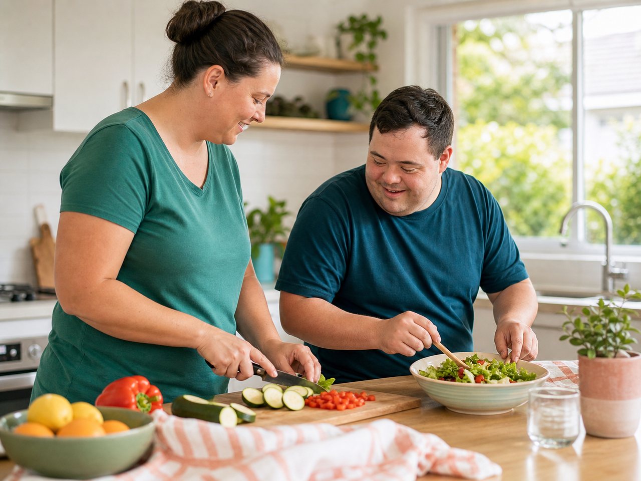 Participant and support worker preparing a meal together