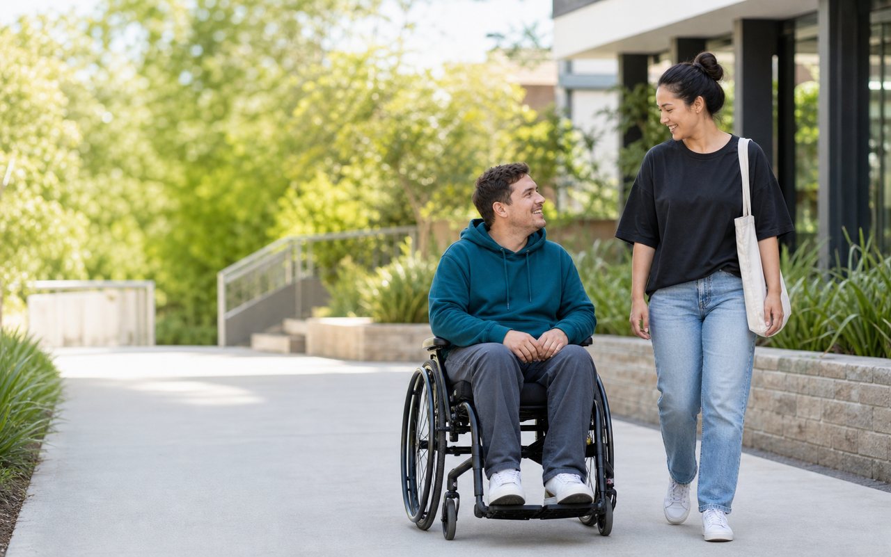 Support worker walking beside a participant using a wheelchair