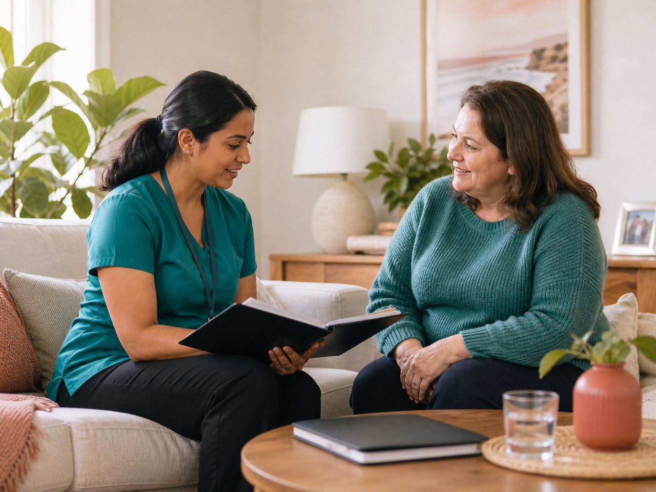 Support worker discussing a care folder with a participant