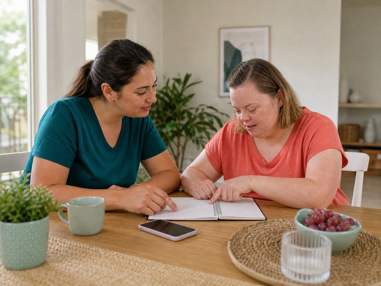 Participant and support worker planning support together at home