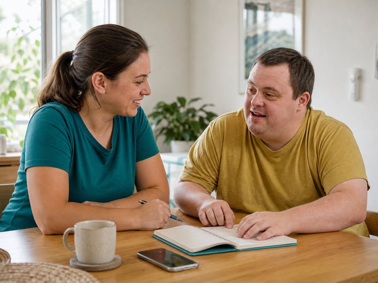 Participant and support worker reviewing a home routine