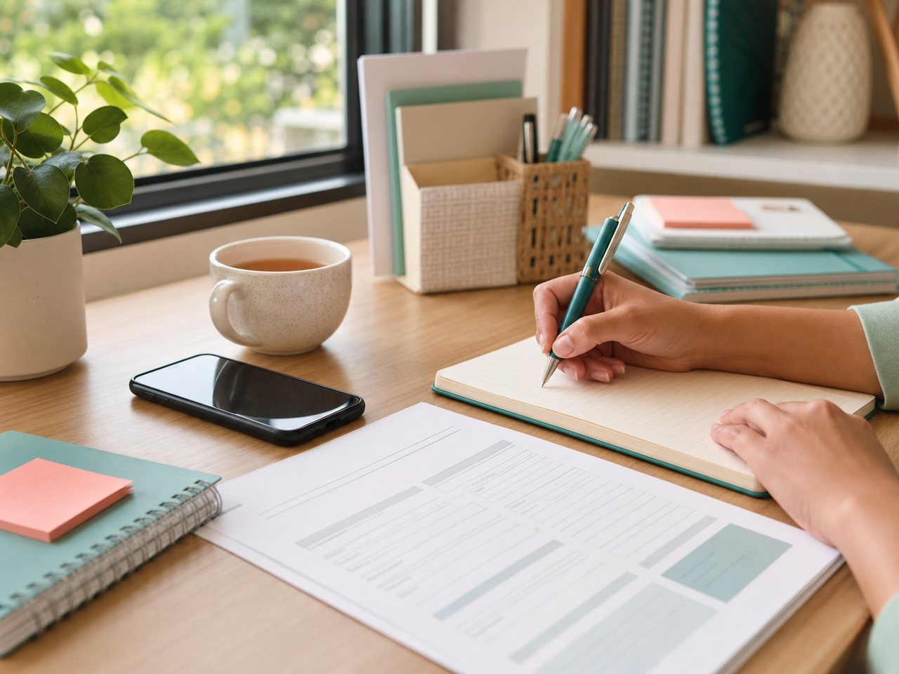 Notebook, phone and intake paperwork on a calm referral desk